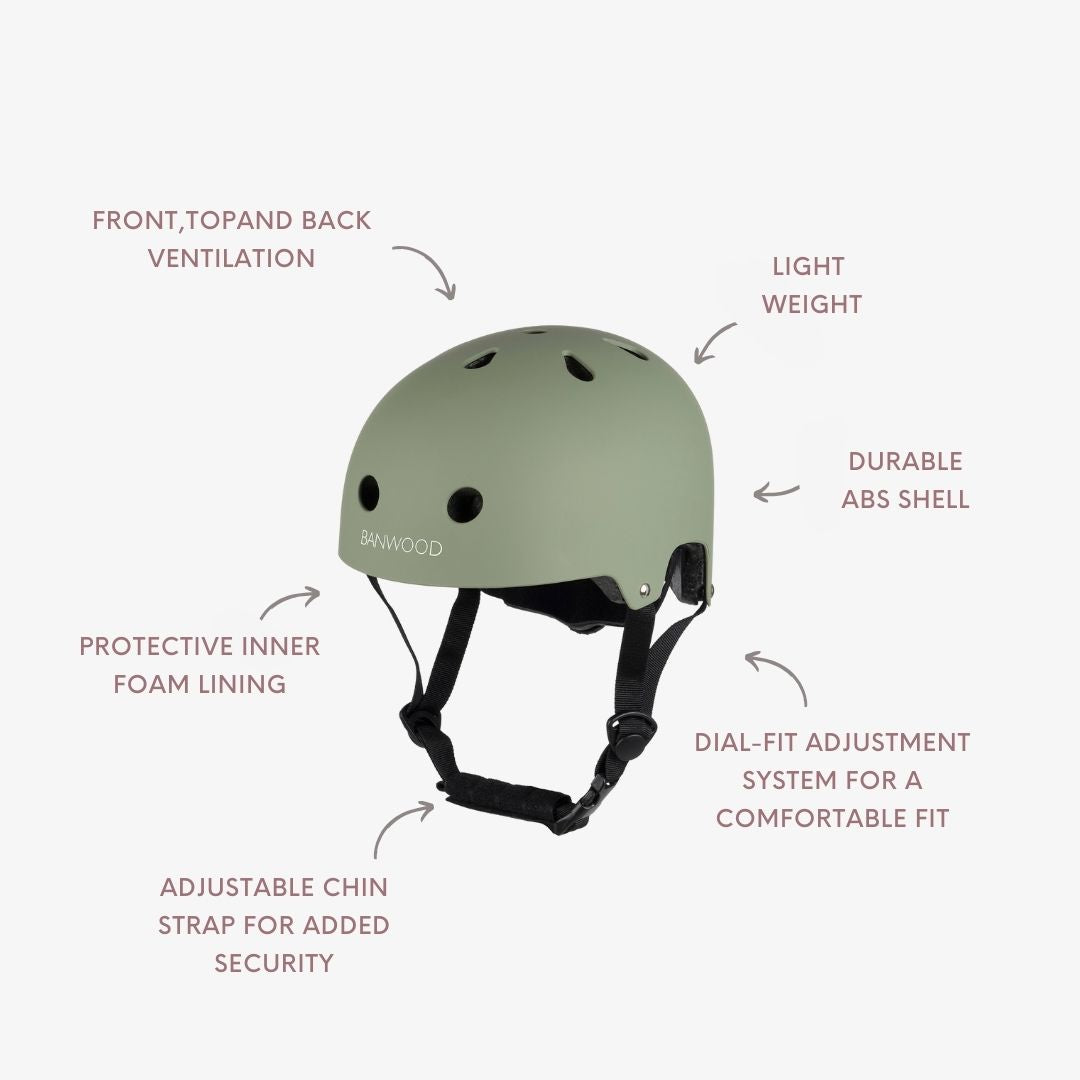 Banwood Forest Green kids helmet — strap and buckle detail