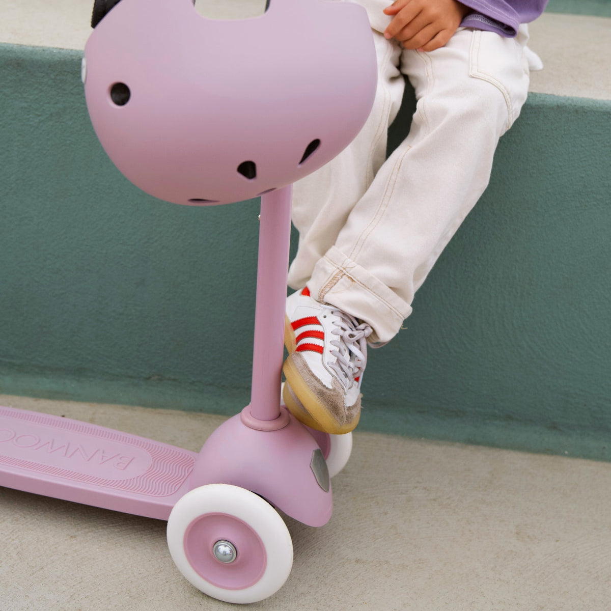 Lavender Banwood eco kids helmet — side view